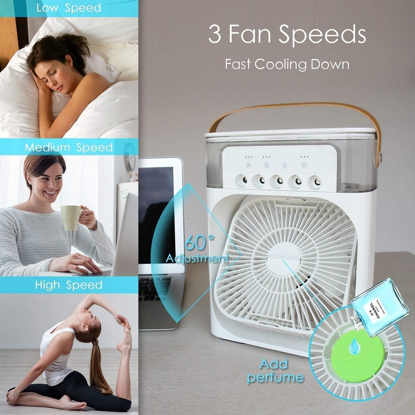 Portable Mini AC Cooler Fan with Mist, LED Lights & Timer