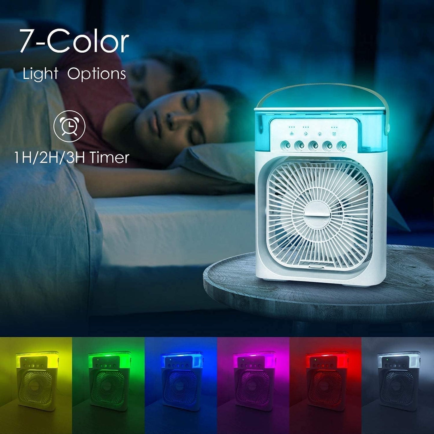 Portable Mini AC Cooler Fan with Mist, LED Lights & Timer