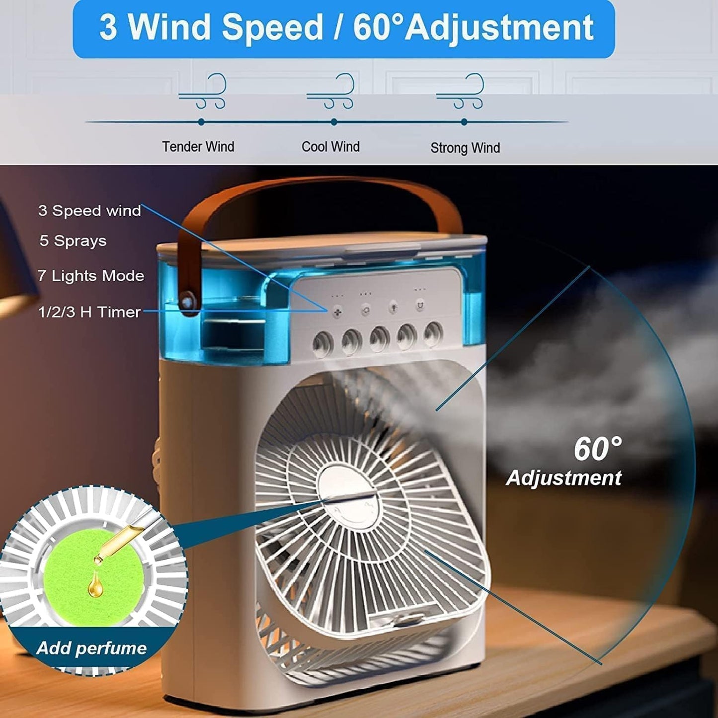 Portable Mini AC Cooler Fan with Mist, LED Lights & Timer