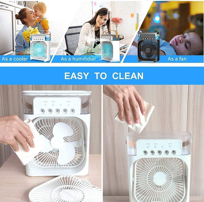 Portable Mini AC Cooler Fan with Mist, LED Lights & Timer