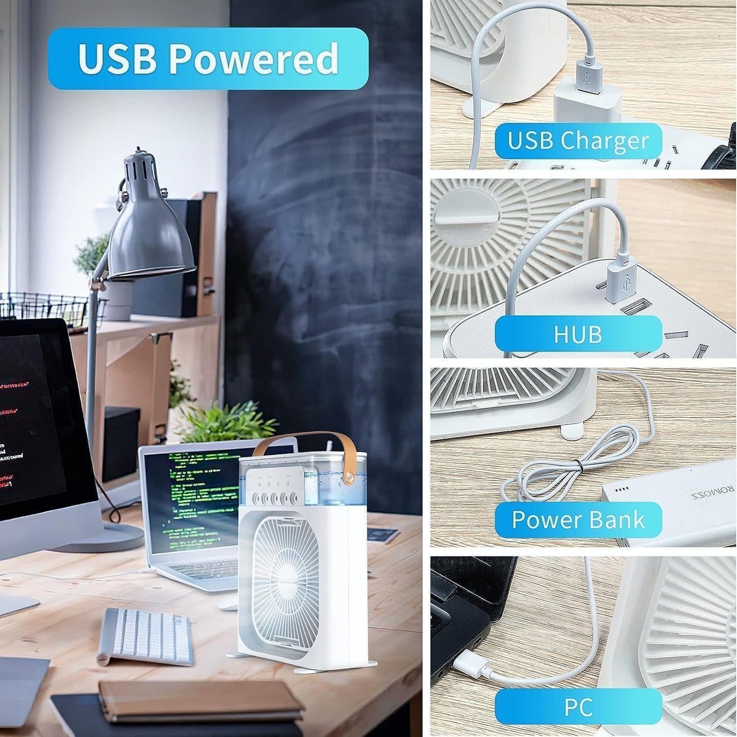 Portable Mini AC Cooler Fan with Mist, LED Lights & Timer